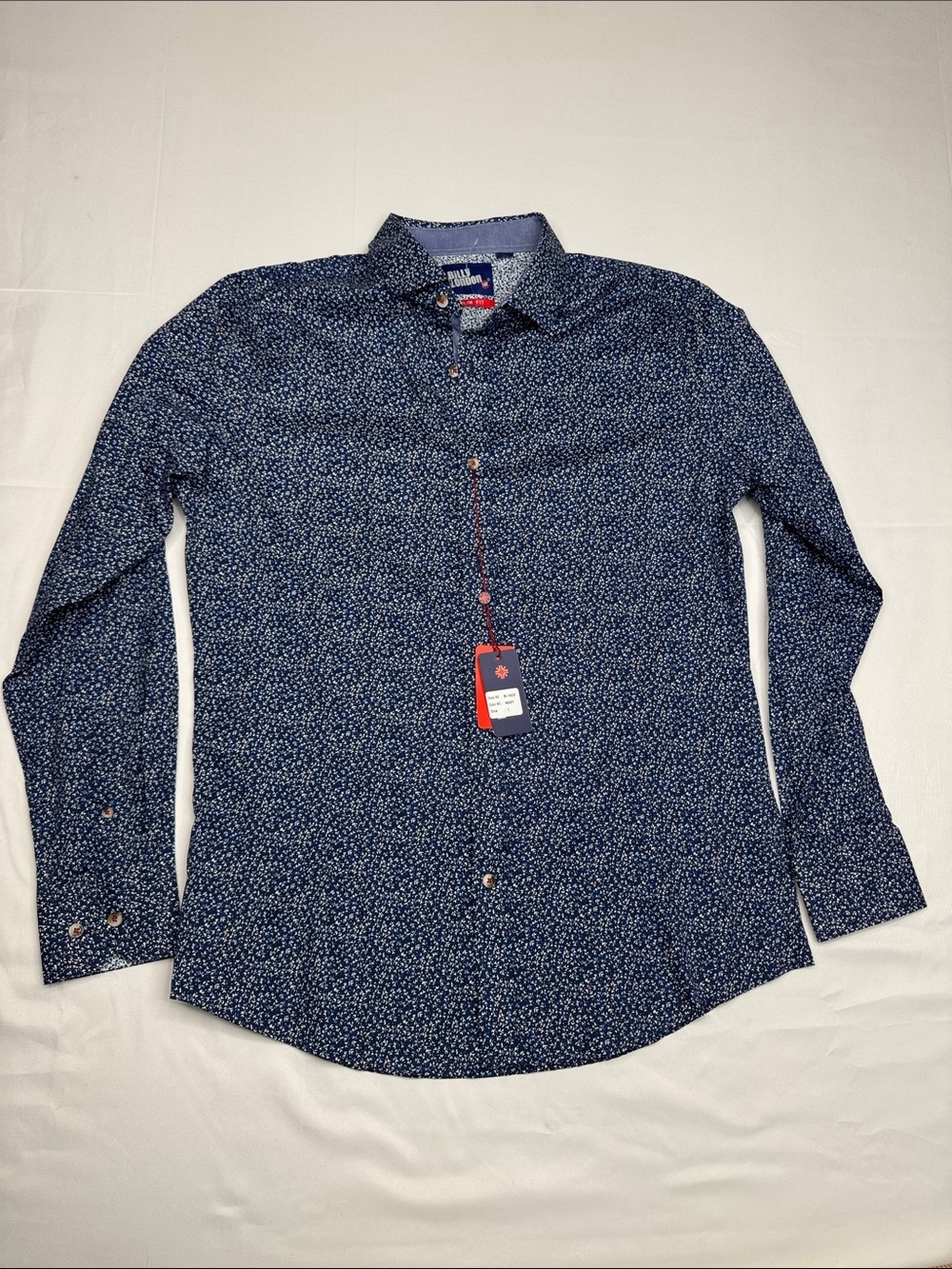 Billy London Large L slim fit long sleeve button down navy blue micro floral